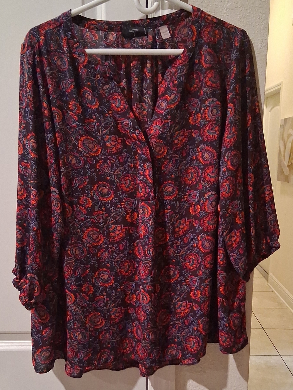 Tahari Red Floral V-Neck Blouse on Black